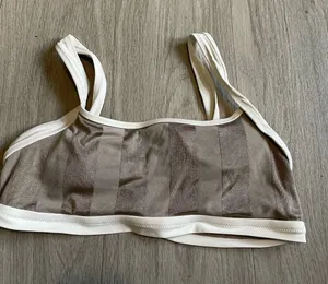 aerie Two-Tone Taupe Stripe Bikini Top with White Trim thumbnail 1