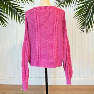POL Medium Hot Pink Cable Knit V-Neck Sweater – Flamingo Vintage Washed Look thumbnail 5