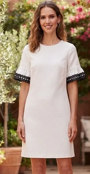 ELLE Shift Dress White Ruffle Eyelet Sleeve Textured Pique Stretch Bride Grad L thumbnail 1