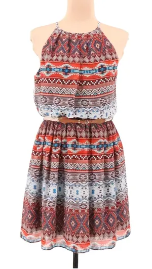 Southwestern‎ Halter Dress Womens Size M Red Blue Boho Boho Aztec Belt Chiffon thumbnail 1