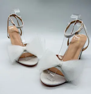 White Glitter Block Heel Sandals with Oversized Tulle Bow Ankle Strap Size 9.5 thumbnail 1