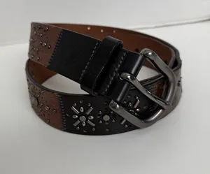 Y2K Fossil Belt Leather Studded Flower Black Brown Silver Gold Gunmetal Buckle thumbnail 1