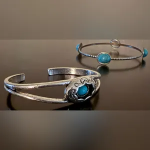 Silver Turquoise Cuff Bracelet Set | Southwestern Boho Stackable Bangles Blue thumbnail 4