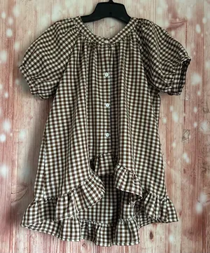 Unbranded Brown Gingham White Plaid Puff Sleeve Hi Lo Hem Button Front Top Sz S thumbnail 1