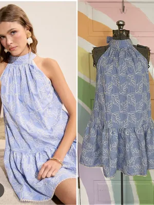 English Factory Blue Striped Embroidered Halter Ruffle Mini Dress Sz XS 🧡🎀 thumbnail 2