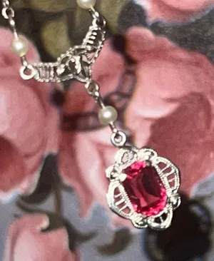 10K Gold 13” Red Stone/Pearl Drop Necklace thumbnail 3
