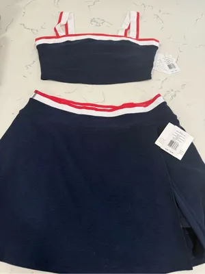 Beyond Yoga Navy Skater Skirt with Red and White Stripe Waistband thumbnail 1