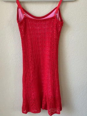 Source Unknown Red Crochet Knit Mini Dress XS S Pink Contrast Lining Strappy Summer Festival thumbnail 4