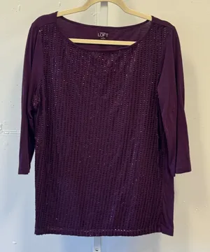 Ann Taylor LOFT Plum Purple Sequin Front 3/4 Sleeve Cotton Top Large Large thumbnail 1