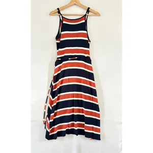 Market & Spruce Striped Faux Wrap Midi Dress Navy Blue Orange‎ Red Womens Medium thumbnail 2