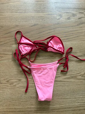 Frankie’s Bikinis Pink Triangle Bikini Set with Red Trim thumbnail 4