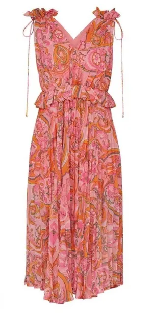 Delfi Collective Lilah Dress Size Small Floral Midi Ruffle Trim Romantic Boho thumbnail 1