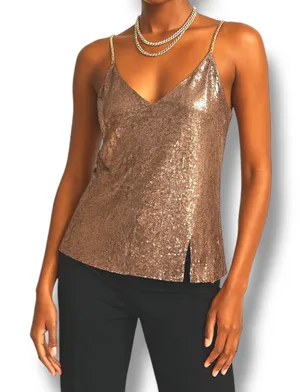 NWT Bebe Women's XS Rose Gold‎ Sequin Top Sleeveless Y2K Festival Glam NYE Club thumbnail 1
