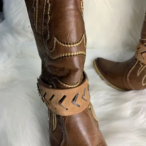 Handmade Womens Brown Leather Floral Metal Buckle Removable Boot Band One Size thumbnail 6
