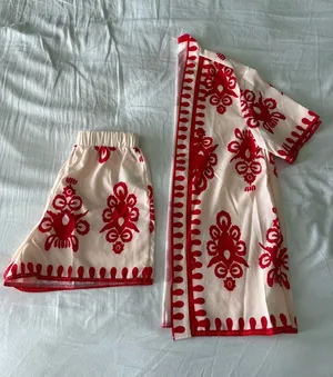 Cream And Red Printed Two-Piece Lounge Set thumbnail 1