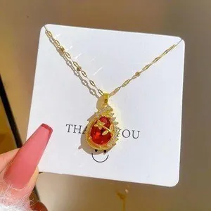18K Gold Plated Birthstone Crystal Flower Teardrop Ruby Pendant Necklace for Women thumbnail 1