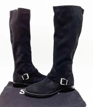 NEW Schutz Luidi Womens‎ 7 Buckled Suede Leather Knee Boot Black Side Zip thumbnail 1