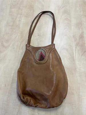 Vintage Leather Hobo Shoulder Bag W/ Woven Strap & Central Tapestry Inset thumbnail 2