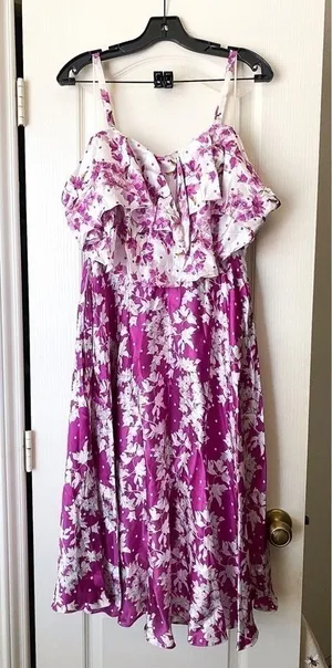 AMUR Dress Off-The-Shoulder Popover Waist Floral Silk Flowy Midi Magenta‎ 4 NWT thumbnail 1