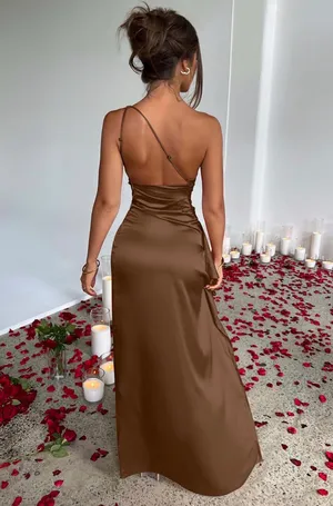 OYS Brown Satin One Shoulder Ruched Maxi Dress Size Small thumbnail 2