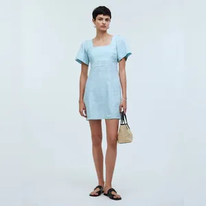 Madewell‎ Square-Neck Mini Dress 100% Linen Euro Summer Coastal Blue NWT Sz 00 thumbnail 9