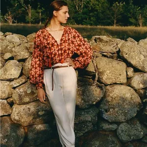 Anthropologie Porridge Peasant Blouse Top Smocked waistband Cuffs Tie W2056 Sz M thumbnail 3