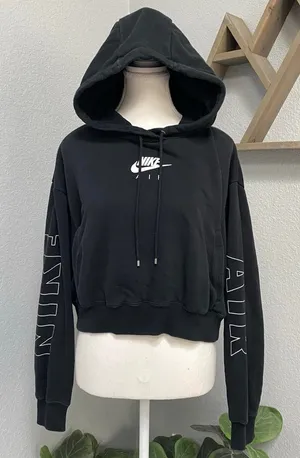 Nike Air Black Crop Hoodie White Spell Out Long Sleeve Pullover Activewear Gym thumbnail 1