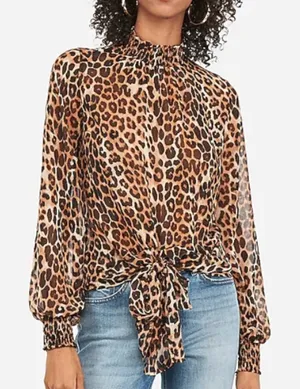 Express Size Medium Leopard Print Smocked Mock Neck Tie-Front Top. Preloved thumbnail 1