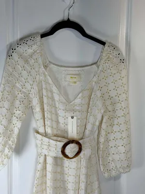 Maeve by Anthropologie White Eyelet Linen Belted Maxi Dress thumbnail 5