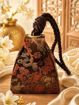 VTG Asian Brocade Dragon Knot Handle Handbag Brown Satin Mini Evening Bag Clutch thumbnail 1