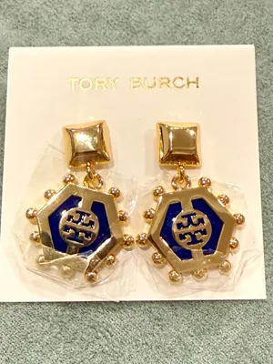 Tory Burch | Gold-Plated Logo Earrings with Navy Enamel & Gold Pearl Accents thumbnail 3