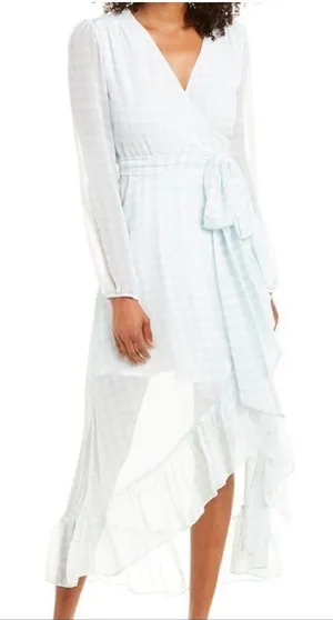 WAYF Blue White Gingham Wrap Ruffle Hi Low Midi Dress NWT M Cottagecore thumbnail 1