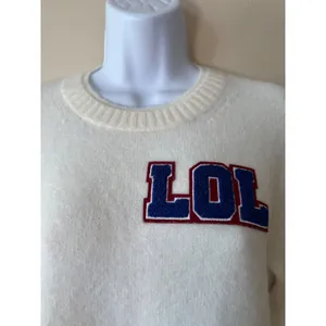 J Crew Women's Ivory LOL Varsity‎ Patch Crew Neck Pullover Sweater Small Cute thumbnail 3
