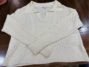 CATO Fashions Cream Cable Knit Polo Sweater Top Womens Medium Open V-Neck NWOT thumbnail 7