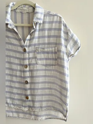 By Together Short Sleeve Button Down Striped Shirt, White/Periwinkle, Size Small thumbnail 4