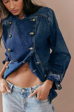 Free People Imogene Denim Officer Jacket in Ensign Wash L thumbnail 1