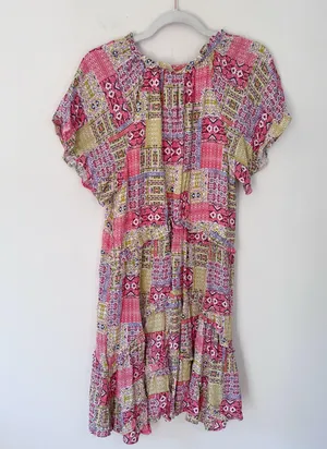 Anthropologie Robin Tiered Ruffle V-Neck Mini Dress Colorful Patchwork Print thumbnail 6