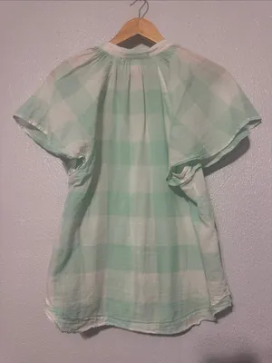 Anthropologie Maeve Gingham Flutter Top Mint Green White Size S thumbnail 4