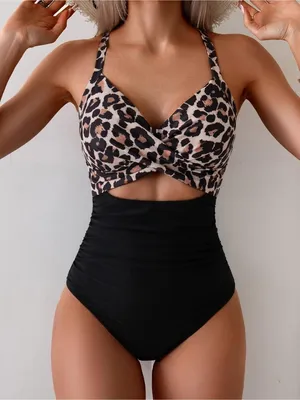 Eomenie Leopard Tummy Control One Piece Swimsuit Cutout Bathing Suit SMALL thumbnail 1