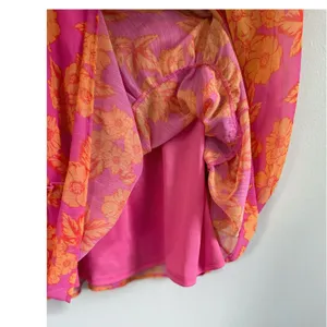 Big Water Blue Sky Pink Floral Chiffon Long Balloon Sleeve Mini Dress Sz M thumbnail 4