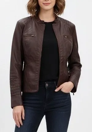 Blivener Jacket Womens Large Brown Faux Leather Full Zip Pockets Long Sleeve thumbnail 1