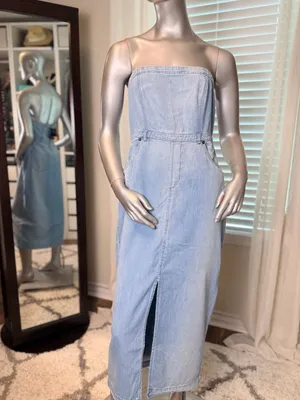 Free People Denim Midi Dress Size 8 Blue Strapless Cotton Front Slit Pockets thumbnail 2