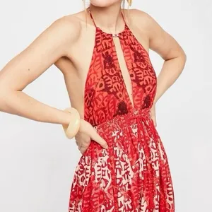 Free People Dress Beach Day Red And White‎ Halter Flowy Mini Boho Size L thumbnail 5
