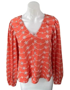 Asos Orange Floral Embroidered Eyelet Puff Long Sleeve V-Neck Blouse Top Size 8 thumbnail 1