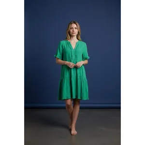 Umgee Green Tiered Frayed Hem V‎ Neck Short Sleeve Casual Dress Size Medium thumbnail 2