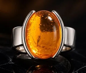 Stainless Steel Golden Amber Oval Statement Ring - Orange Size 6 thumbnail 1