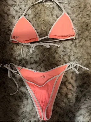 Aerie Coral Ribbed Triangle Bikini with White Trim thumbnail 5