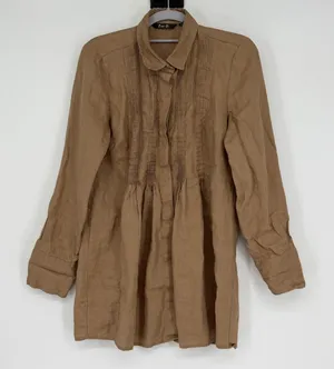 Victorian Prairie‎ 100% Linen Blouse M Brown Pleated Pintuck Button Romantic thumbnail 1