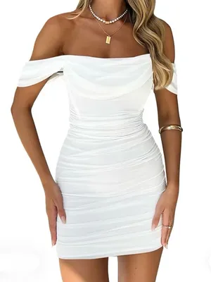 NWT OYS‎ Size Medium White Mini Ruched Bodycon Dress Sleeveless Off Shoulder thumbnail 1