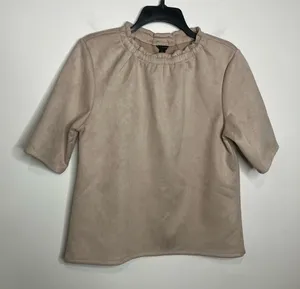 Ann Taylor faux suede top tan‎ women’s size medium business professional neutral thumbnail 1